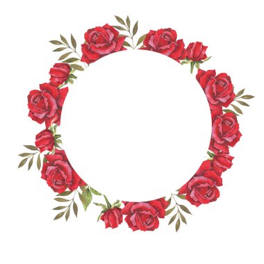 Kırmızı gülile suluboya botanik illüstrasyon. Düğün çerçeveleri, düğün davetiyekartı. Tebrik kartı. Hediye Sevgililer Günü, Anneler Günü, Kadınlar Günü. Reklam tasarımı için şablon, satış.