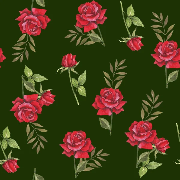 Watercolor botanical illustration with red roses. Design for fabric. Seamless floral pattern. Wedding design. Congratulatory wrapping paper. Packing for Valentine\'s Day, Mother\'s Day, Women\'s Day. Template for the design of advertising, sales.