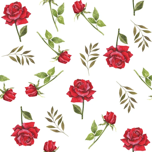 Watercolor Botanical Illustration Red Roses Design Fabric Seamless Floral Pattern — Stock Photo, Image