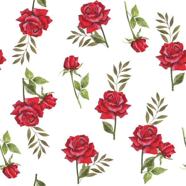 Watercolor botanical illustration with red roses. Design for fabric. Seamless floral pattern. Wedding design. Congratulatory wrapping paper. Packing for Valentine\'s Day, Mother\'s Day, Women\'s Day. Template for the design of advertising, sales.