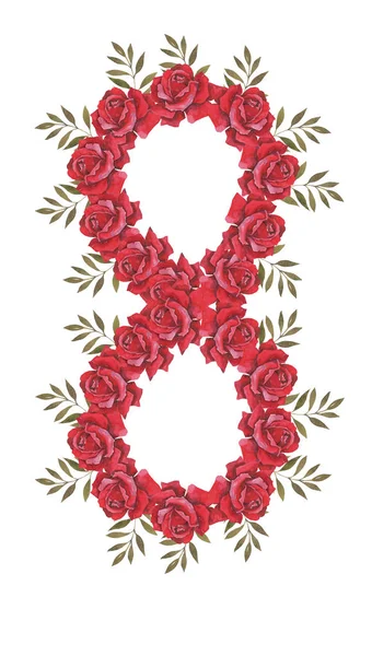 Eight watercolor red roses wreath. Watercolor botanical illustration with red roses. Design for shops, wedding design. Greeting card. Advertising for Valentine\'s Day, Mother\'s Day, Women\'s Day. Template for the design of advertising, sales.
