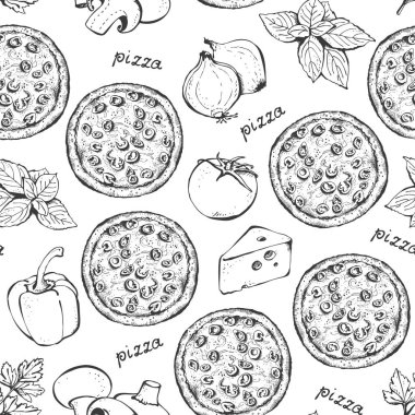 Pizza malzemeleri seamless modeli, elle çizilmiş gıda arka plan vektör