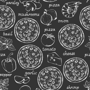 Pizza malzemeleri sorunsuz kara tahta desen, elle çizilmiş gıda arka plan metin ile vektör