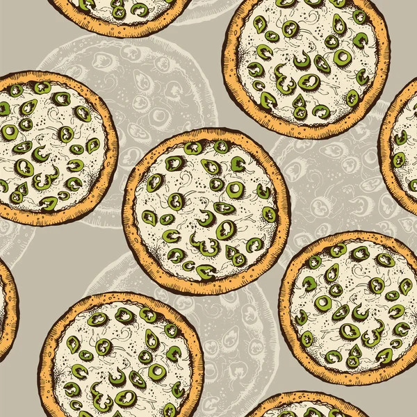 Pizza Vector Pattern Seamless Hand Drawn Food Background — Stock Vector
