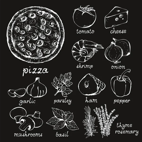 Set Pizza Ingredienti Vettoriale Cibo Disegnato Mano Fondo Lavagna Pizza — Vettoriale Stock