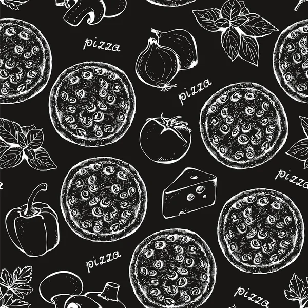 Ingrédients Pizza Motif Sans Couture Vectoriel Fond Alimentaire Dessiné Main — Image vectorielle