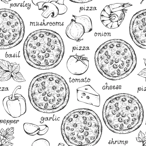 Pizza Ingredients Vector Seamless Pattern Hand Drawn Food Background Text — Stock Vector