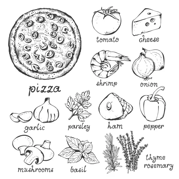 比萨饼和配料矢量套装 手工绘制的食物集白色背景 比萨饼 西红柿 — 图库矢量图片