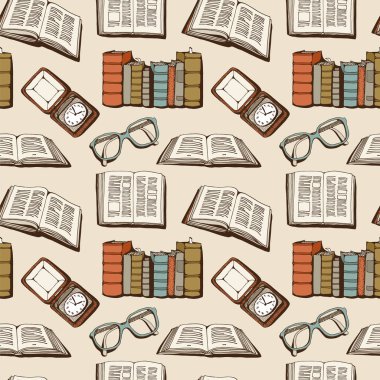 Kitaplar vintage, saat, Gözlük, vektör çizim arka plan ile Seamless modeli