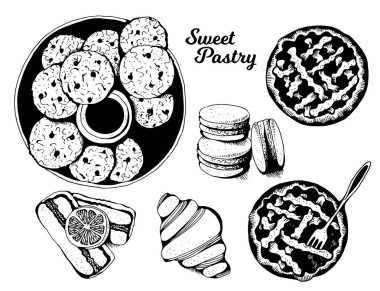Ekmek, tatlı pasta vektör set, elle çizilmiş vektör çizim: Çerezler, macarons, pasta, kek, beyaz arka plan üzerinde izole kruvasan