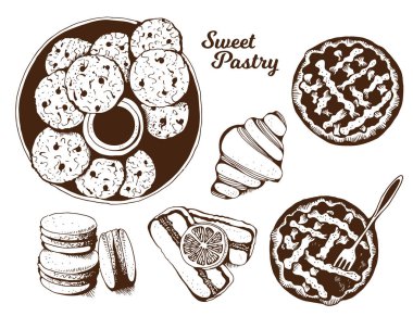 Ekmek, tatlı pasta vektör set, elle çizilmiş vektör çizim: Çerezler, macarons, pasta, kek, beyaz arka plan üzerinde izole kruvasan