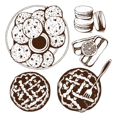 Ekmek, tatlı pasta vektör set, elle çizilmiş vektör çizim: Çerezler, macarons, pasta, kek, beyaz arka plan üzerinde izole