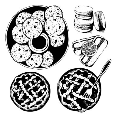 Ekmek, tatlı pasta vektör set, elle çizilmiş vektör çizim: Çerezler, macarons, turta, beyaz arka plan üzerinde izole kek