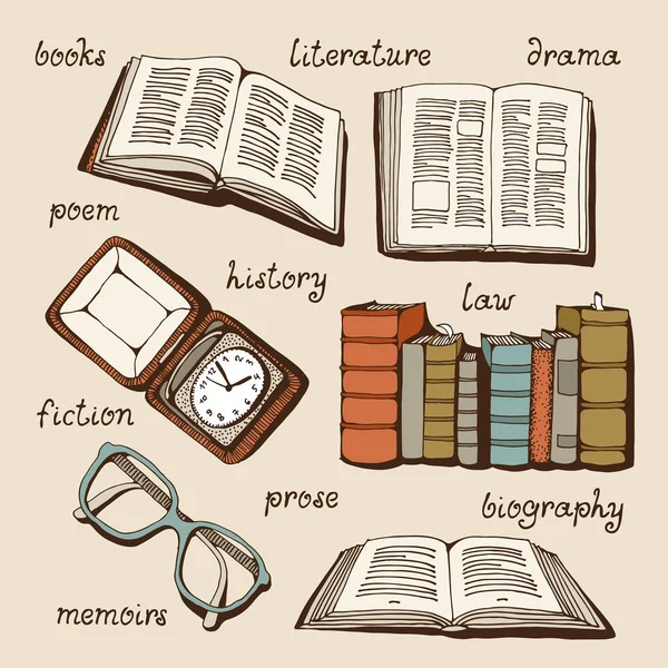Kitap, açık kitaplar, eski saat ve gözlük ayarla, illüstrasyon vektör