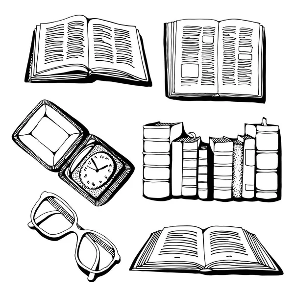 Kitap, eski saat ve gözlük ayarla, illüstrasyon izole beyaz arka plan üzerinde vektör