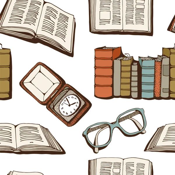 Kitaplar, eski saat ve gözlük, antika arka plan ile Seamless modeli