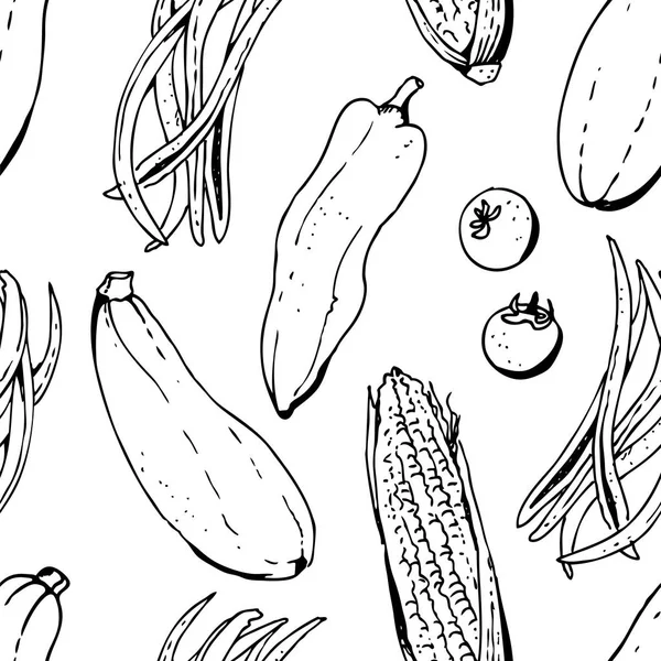 Ensemble Légumes Motif Sans Couture Vectoriel Courgettes Poivre Tomate Haricots — Image vectorielle