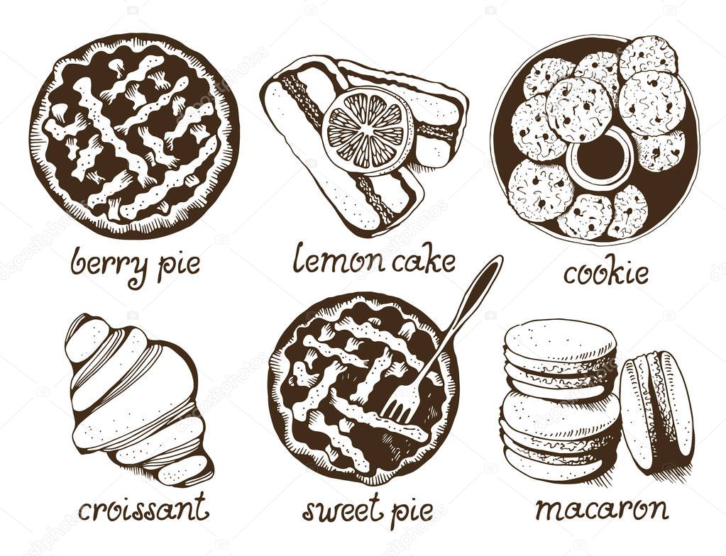 Bakery, sweet pastry vector set, hand drawn vector illustration: cookies, macarons, pies, cake, croissant with text isolated on white background