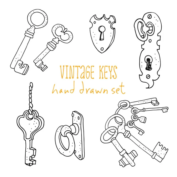 Collection Vintage Old Keys Hand Drawn Vector Illustration Isolated White — Stock Vector
