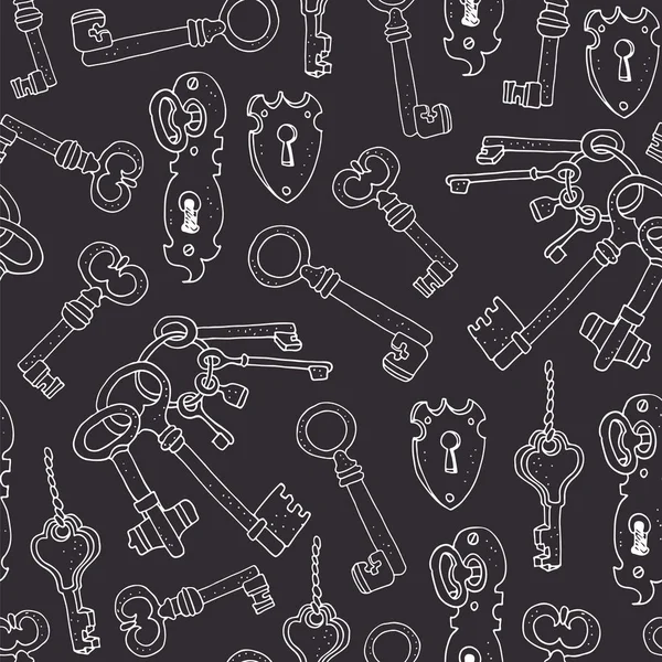 Vintage Keys Vector Seamless Background Hand Drawn Pattern Black Background — Stock Vector