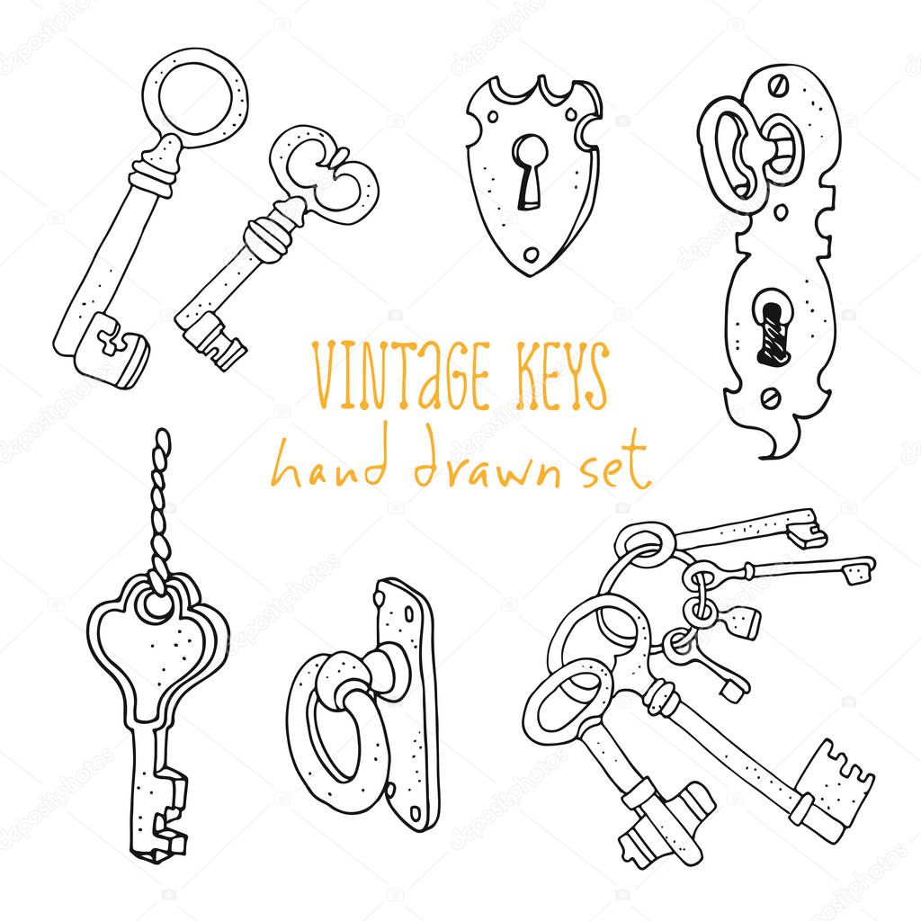 Collection of vintage old keys, hand drawn vector illustration isolated on white background