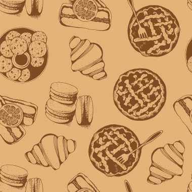 Ekmek, tatlı pasta vektör seamless modeli, el çizilmiş vektör bej gıda arka plan