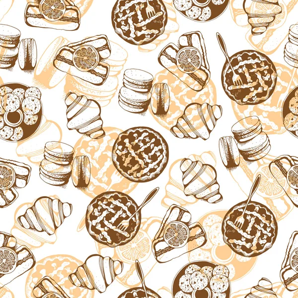 Boulangerie Pâtisserie Douce Vecteur Motif Sans Couture Fond Vectoriel Dessiné — Image vectorielle