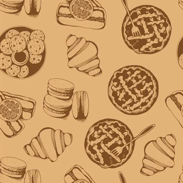パン屋さん 甘いペストリー ベクターのシームレスなパターン 手描画ベクトル ベージュ食品の背景 — ストックベクタ