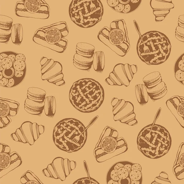 Bakery Sweet Pastry Vector Seamless Pattern Hand Drawn Vector Beige — Stock Vector