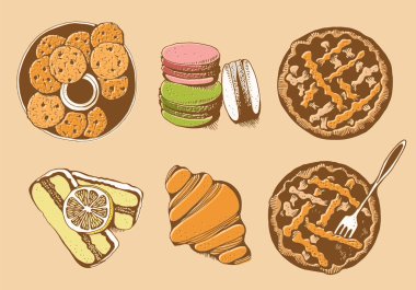 Ekmek, tatlı pasta vektör set, elle çizilmiş vektör çizim: Çerezler, macarons, pasta, kek, kruvasan