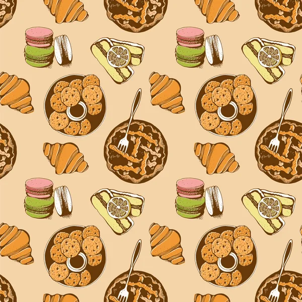 Panadería Pastelería Dulce Vector Patrón Sin Costura Fondo Vector Dibujado — Vector de stock