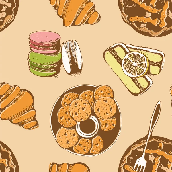 Panadería Pastelería Dulce Vector Patrón Sin Costura Fondo Vector Dibujado — Archivo Imágenes Vectoriales