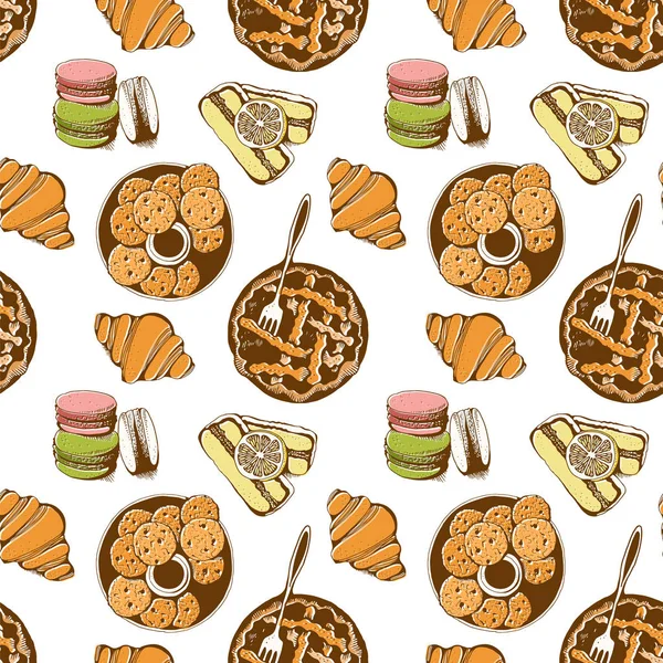 Boulangerie Pâtisserie Douce Vecteur Motif Sans Couture Fond Vectoriel Dessiné — Image vectorielle