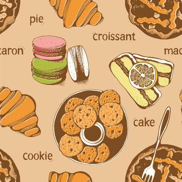 面包店 甜糕点矢量无缝模式 手绘矢量背景与文本 — 图库矢量图片