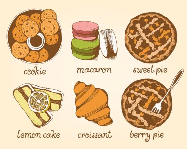 Ekmek, tatlı pasta vektör set, elle çizilmiş vektör çizim: Çerezler, macarons, pasta, kek, kruvasan