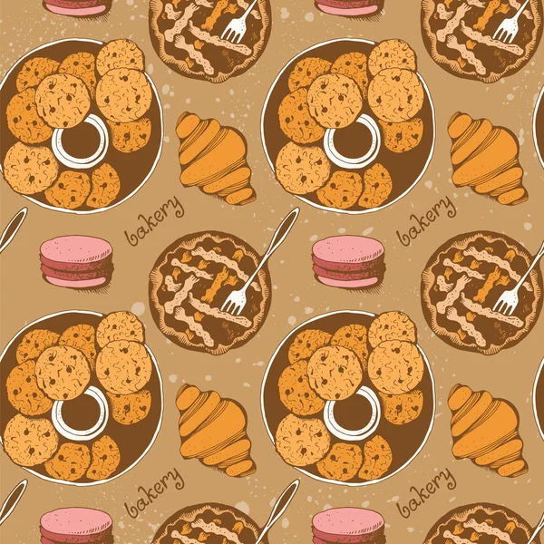 面包店 甜糕点矢量无缝模式 手绘矢量背景与文本 — 图库矢量图片