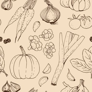 Sebze vektör seamless modeli, elle çizilmiş gıda arka plan