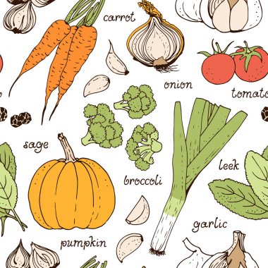 Sebze vektör seamless modeli, elle çizilmiş gıda arka plan ile: domates, havuç, kabak, soğan, brokoli, pırasa, sarımsak, otlar