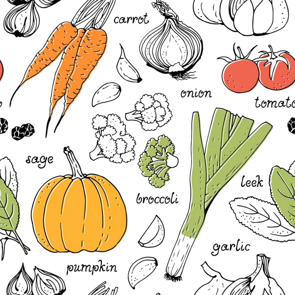 Zeleninové Vektor Bezešvé Pattern Ručně Kreslenou Pozadí Potravin Rajče Mrkev — Stockový vektor
