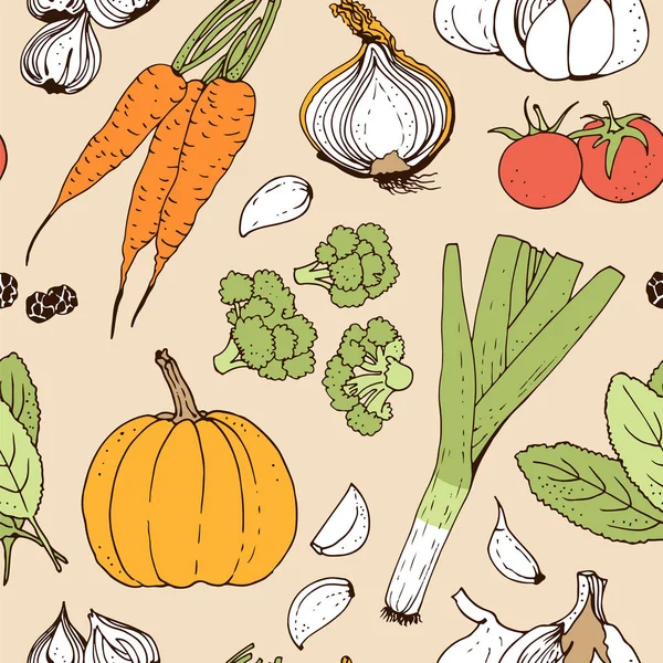 Motif Sans Couture Vecteur Légumes Fond Alimentaire Dessiné Main Avec — Image vectorielle