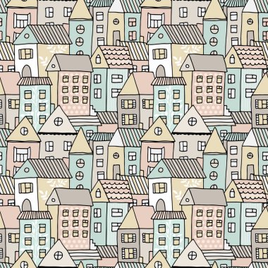 Elle çizilmiş seamless modeli doodle ile evler, karikatür kasaba ile vektör arka plan