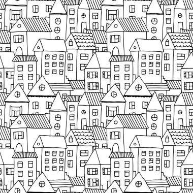 Elle çizilmiş seamless modeli doodle ile evler, karikatür kasaba ile vektör arka plan