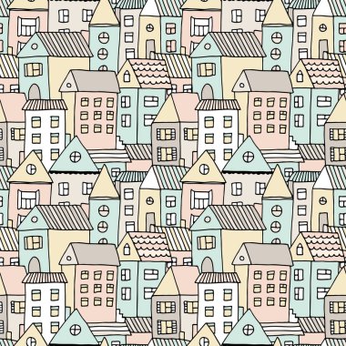 Elle çizilmiş seamless modeli doodle ile evler, karikatür kasaba ile vektör arka plan