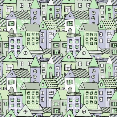 Elle çizilmiş seamless modeli doodle ile evler, karikatür kasaba ile vektör arka plan