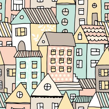 Elle çizilmiş seamless modeli doodle ile evler, karikatür kasaba ile vektör arka plan