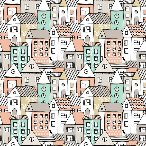 Hand Drawn Seamless Pattern Doodle Houses Vector Background Cartoon Town — Stock Vector