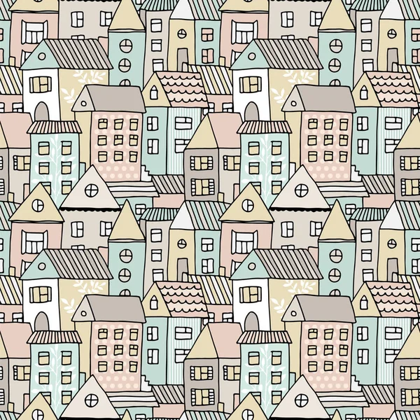 Hand Drawn Seamless Pattern Doodle Houses Vector Background Cartoon Town — Stock Vector