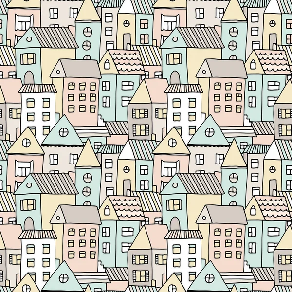 Hand Drawn Seamless Pattern Doodle Houses Vector Background Cartoon Town — Stock Vector