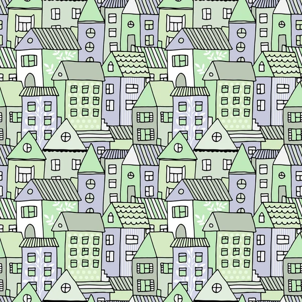 落書きと手描きのシームレスなパターンの家 漫画町のベクトルの背景 — ストックベクタ