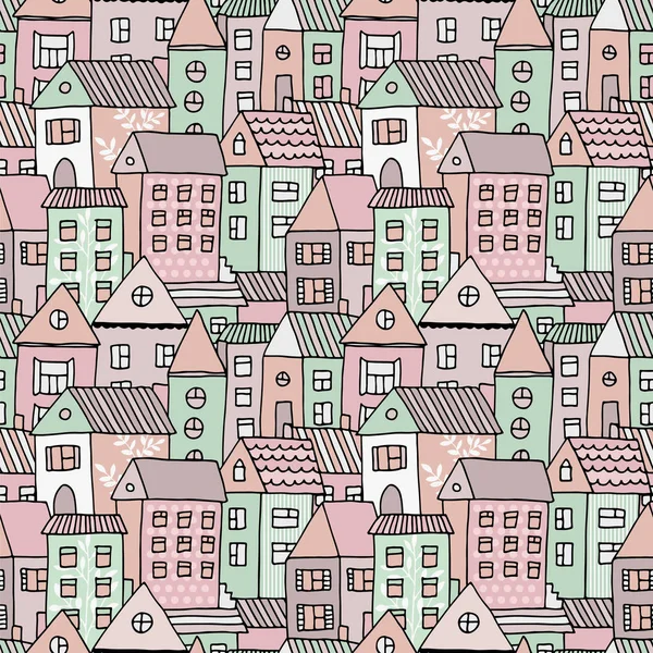 Hand drawn seamless pattern with doodle houses, vector background with cartoon town